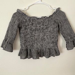 American eagle smocked ruffle gingham off the shoulders top black and white